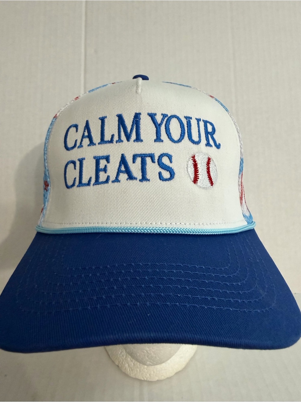 White and Blue 'Calm Your Cleats' Baseball Cap